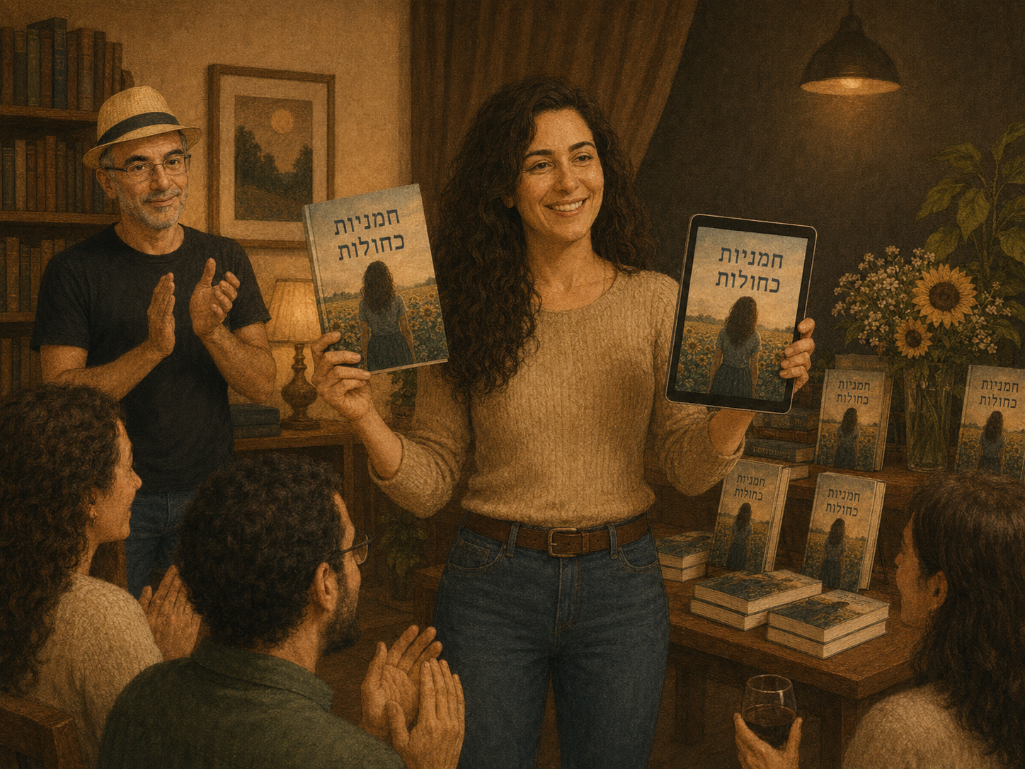 סופרת מציגה את ספרה המודפס והדיגיטלי בהשקה, ולירון פיין מוחא לה כפיים מהצד