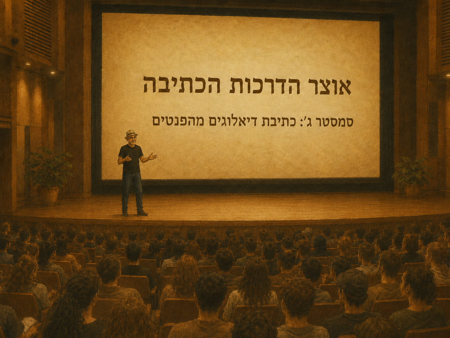 לירון פיין מרצה על אוצר הדרכות הכתיבה מול קהל גדול